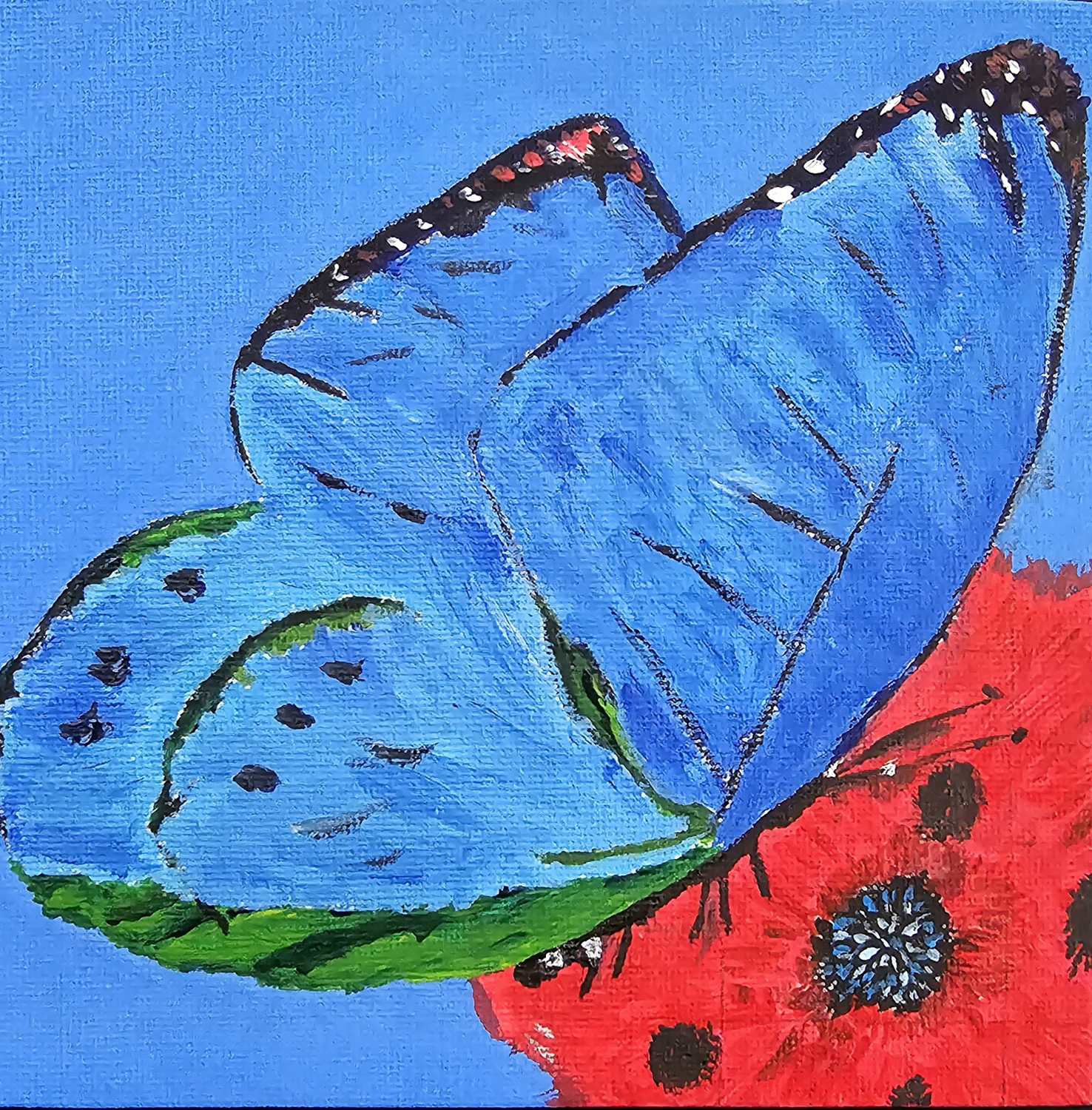 Blue butterfly painting on a red and green ground