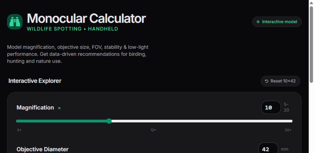 Wildlife Monocular Calculator — the running app showing its controls and readouts