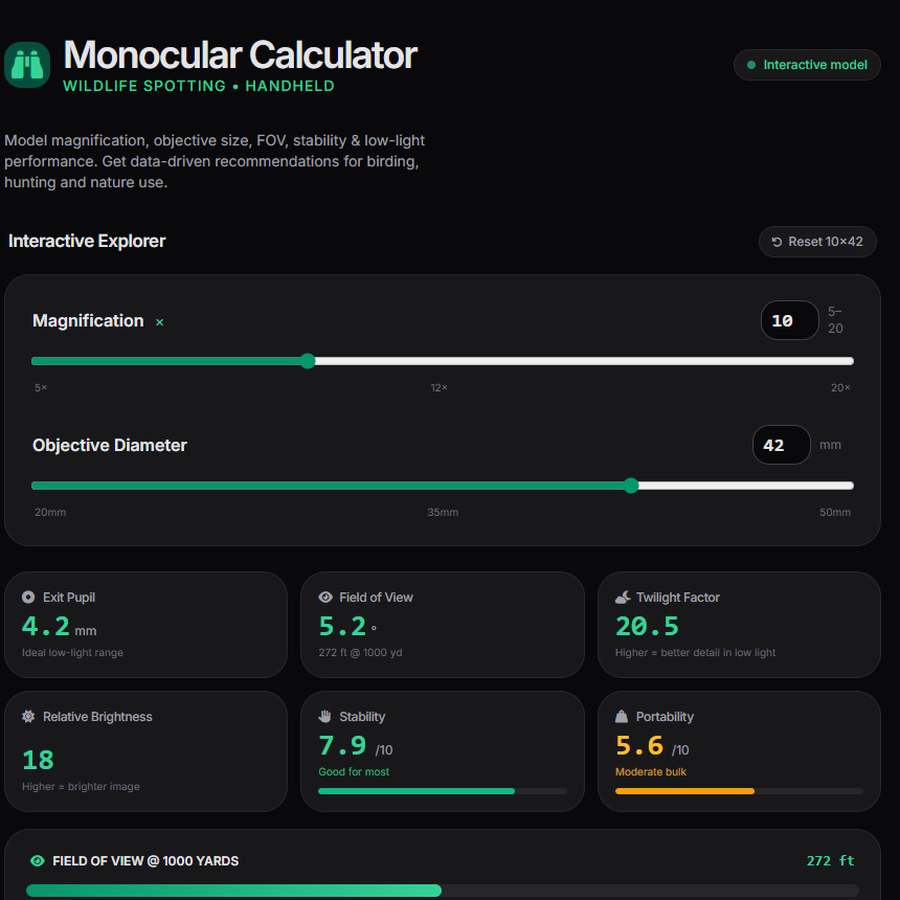 Wildlife Monocular Calculator — the running app showing its controls and readouts